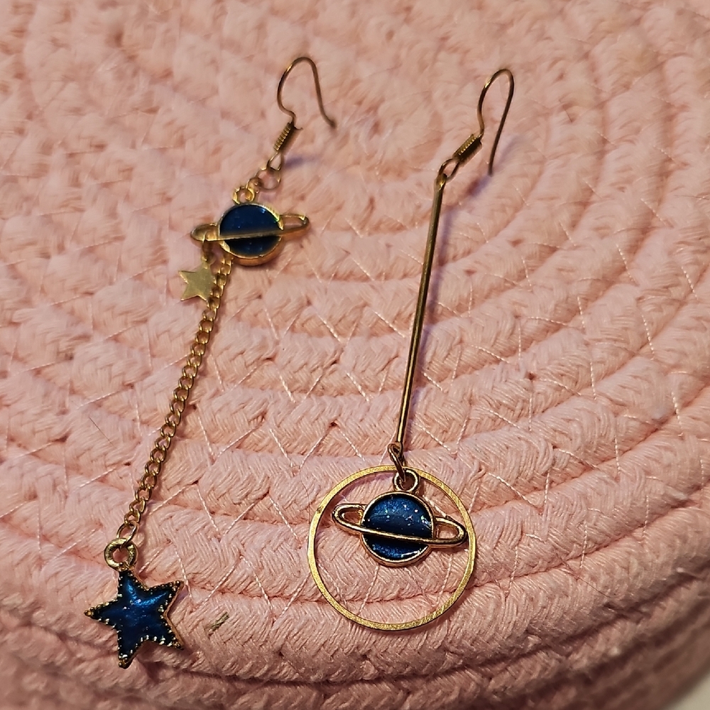 Blue and Gold Planet Earrings